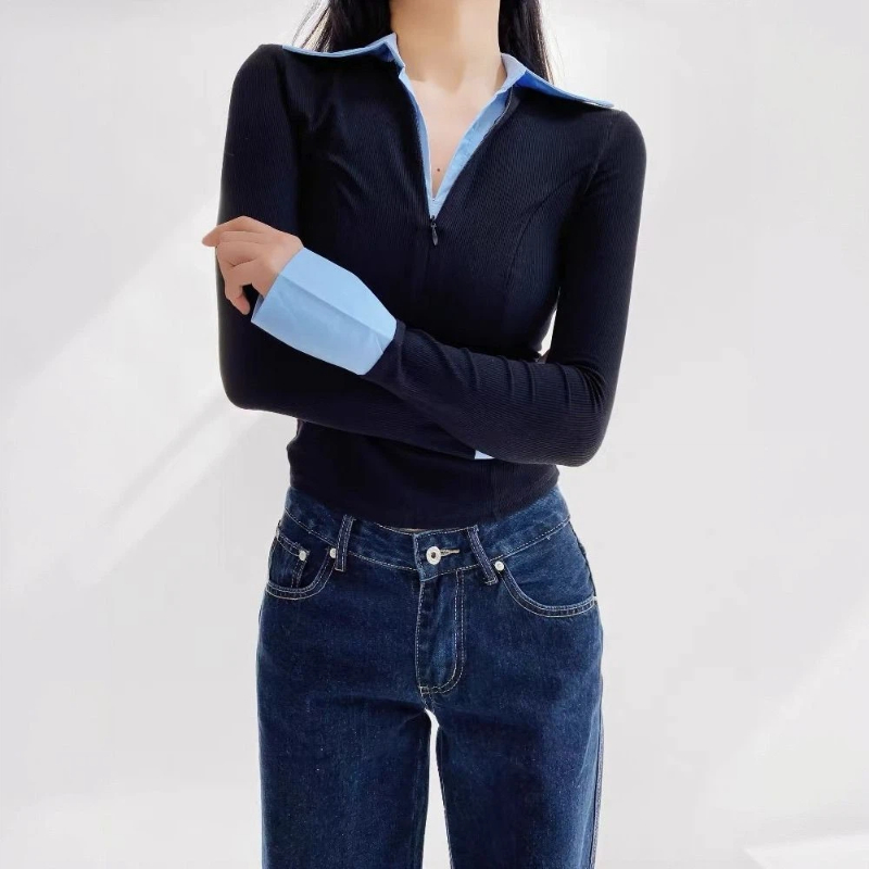 Polo Shirt Slim - Polo Neck Fake Two Contrast Patchwork