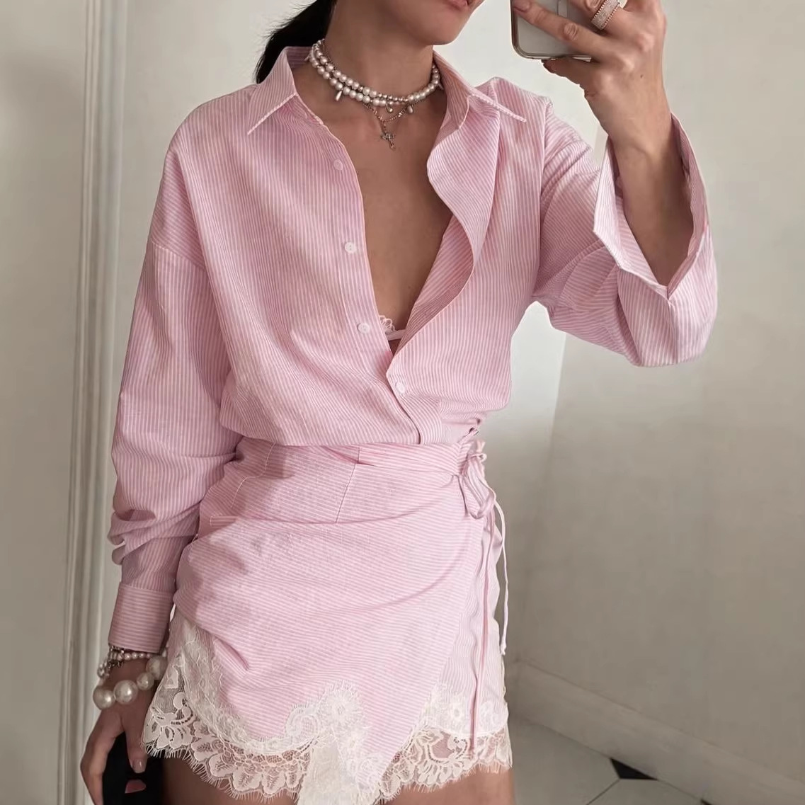 Polo Shirt Slim - Women's Lace Striped Long Sleeve Shirt
