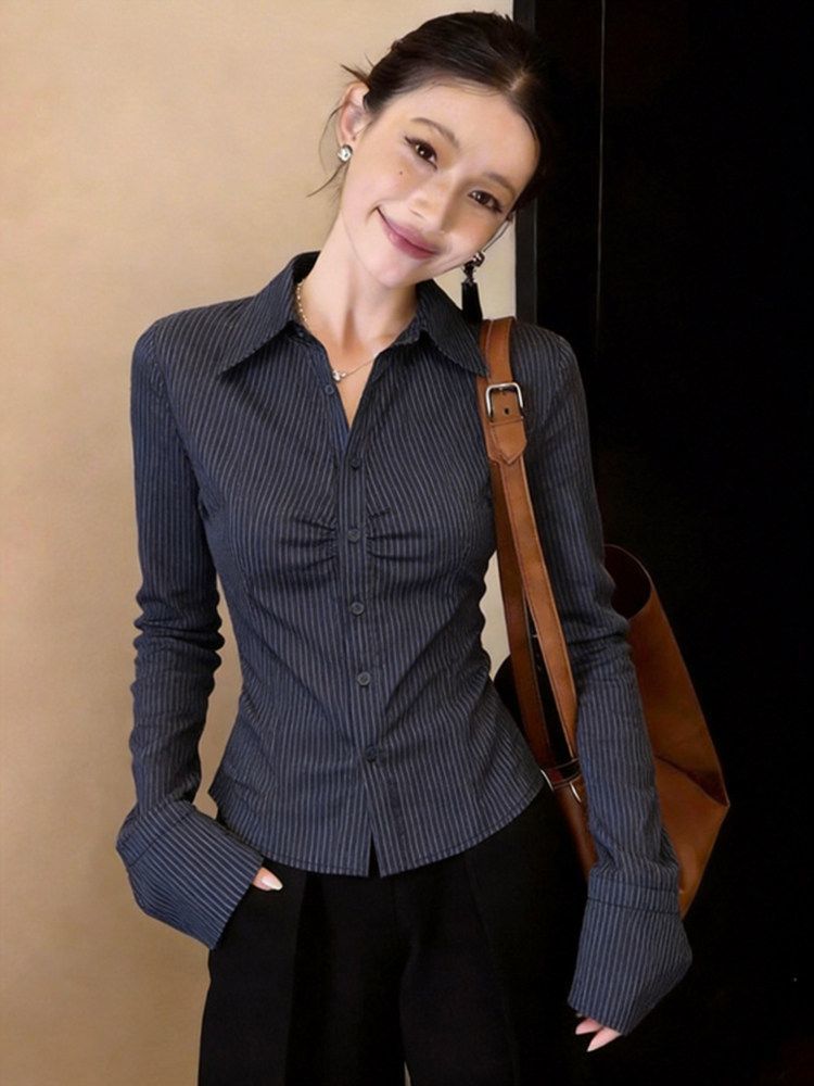 Navy Blue Striped Long Sleeve  - đánh giá và giá Polo Shirt Slim