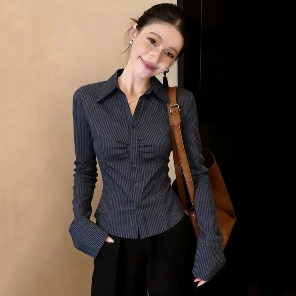 Navy Blue Striped Long Sleeve  - đánh giá và giá Polo Shirt Slim