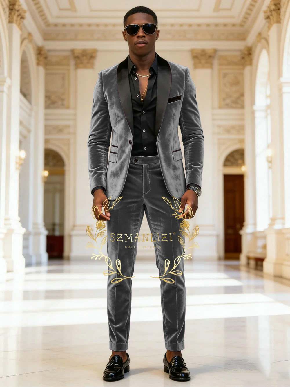 Dark Grey Velvet 2 Pieces Men  - đánh giá và giá Mens Fashion Dark Grey Pants