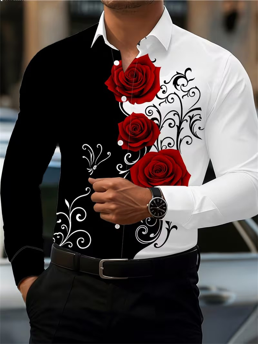 Men's Red Rose Print Long-Slee - đánh giá và giá Queer Men'S Fashion
