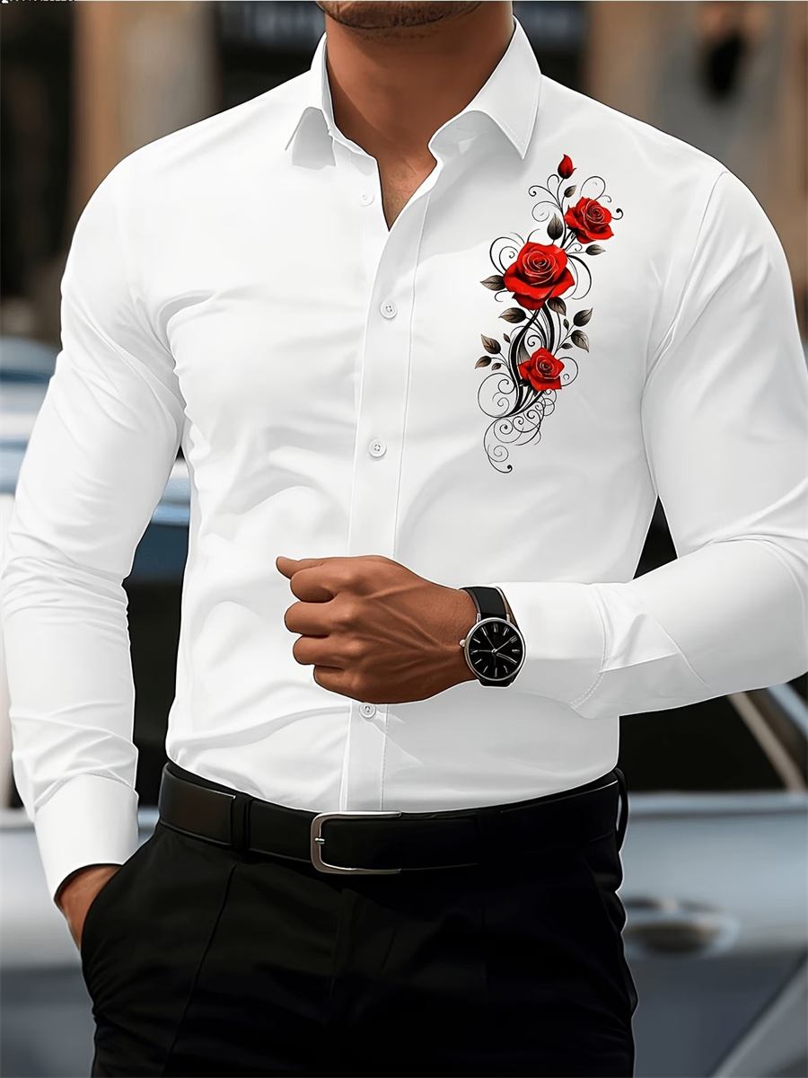 Men's Red Rose Print Long-Slee - đánh giá và giá Queer Men'S Fashion