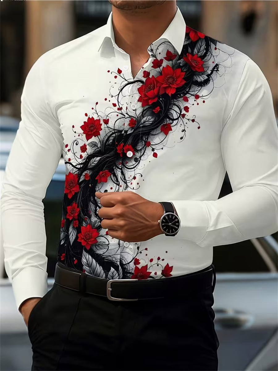 Men's Red Rose Print Long-Slee - đánh giá và giá Queer Men'S Fashion